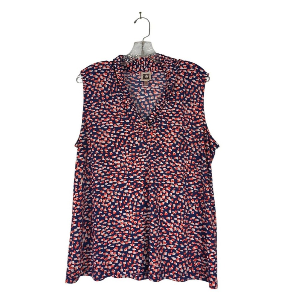 Anne Klein Top Women's XL Navy Sleeveless Abstract Print V Neck Tank Top Blouse